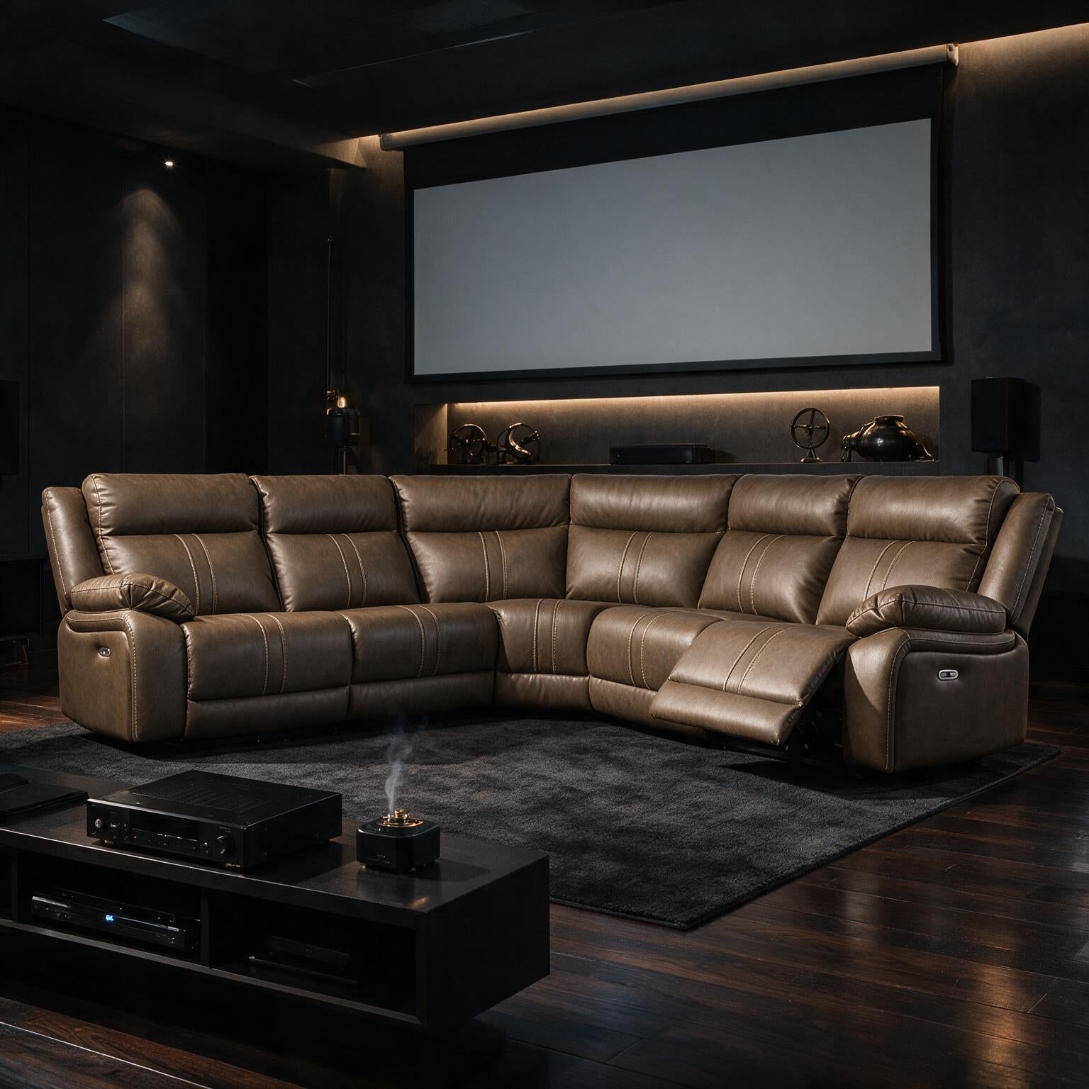 A reclining sectional arranged for a home theater