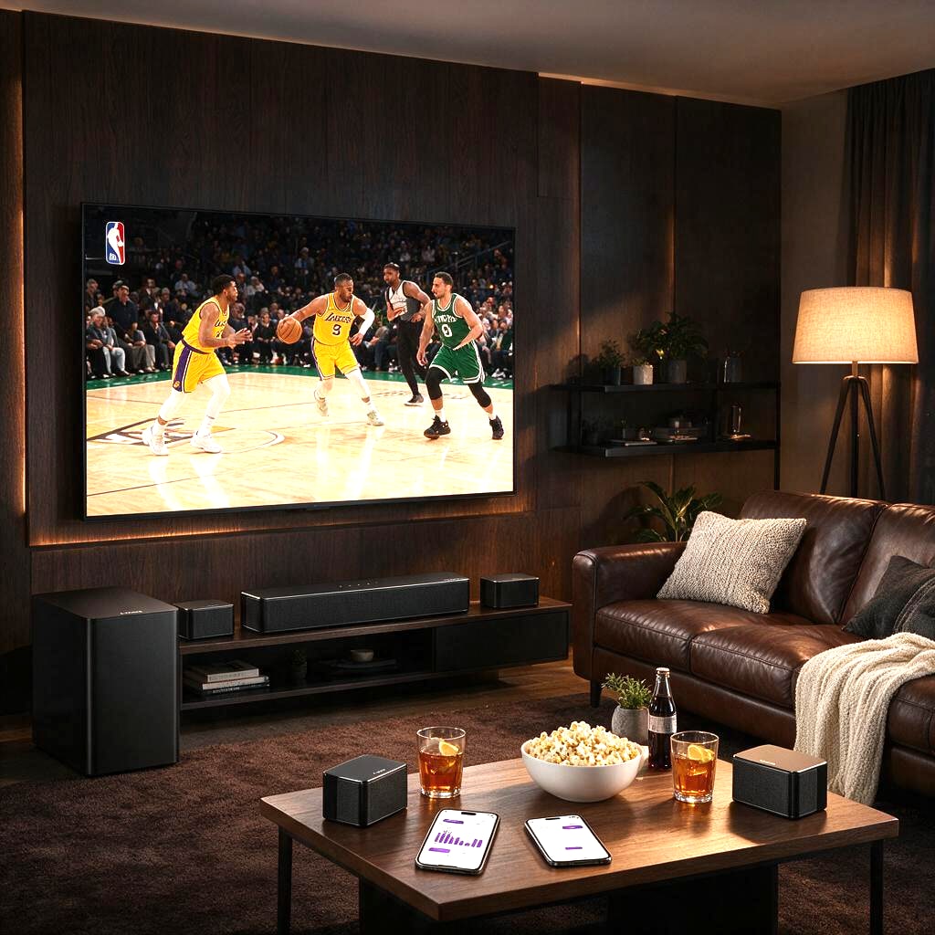A surround sound system set up for a home theater