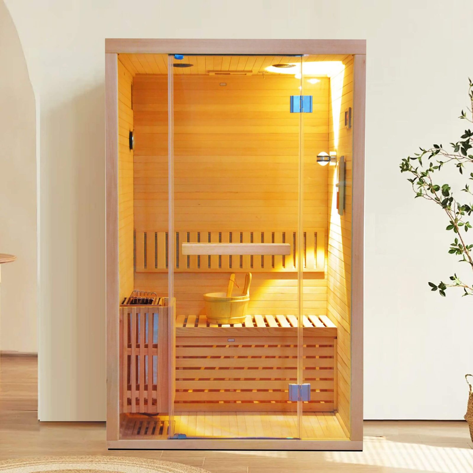 Thermora Alpine sauna shown in a furnished indoor setting