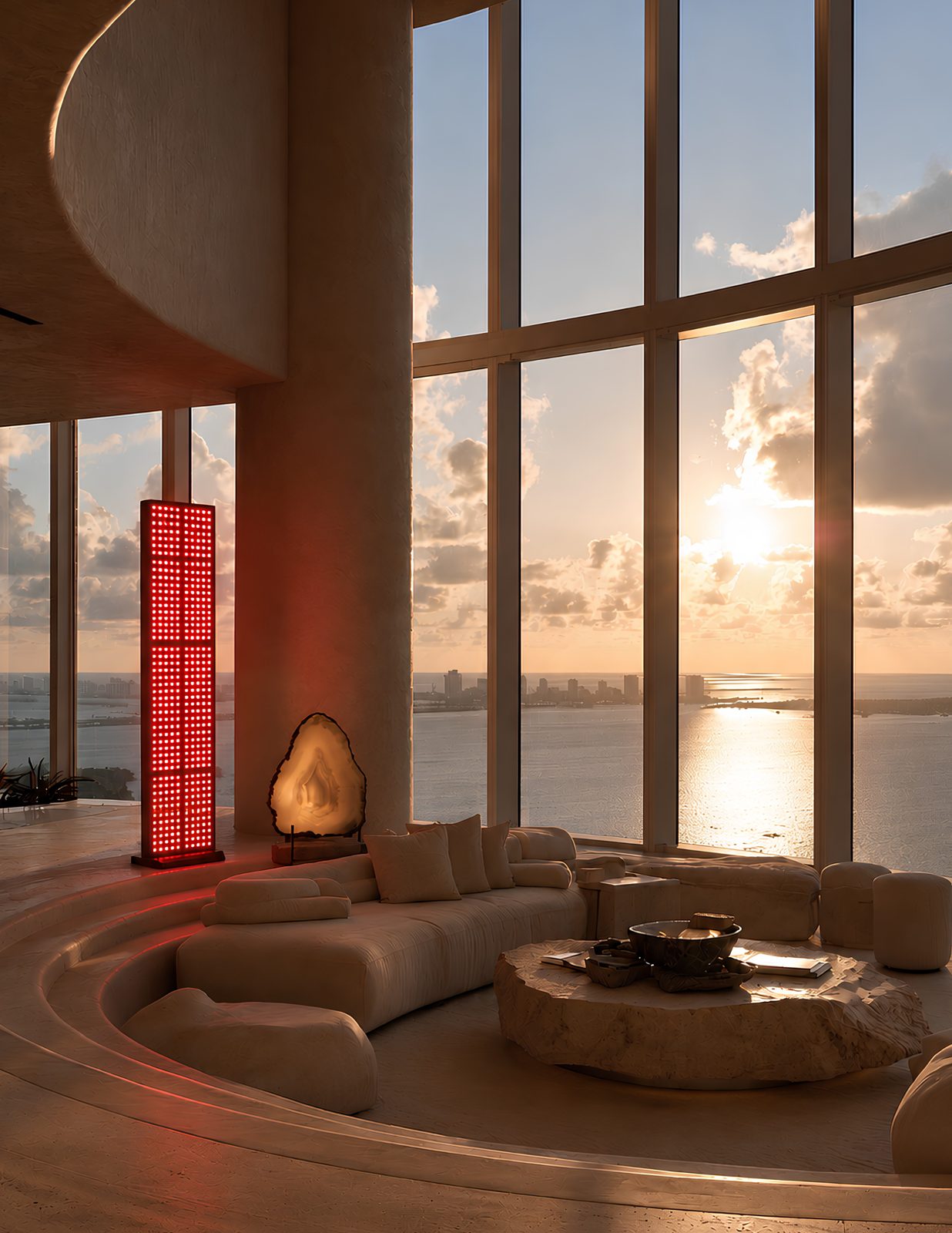 Protocol red light panel shown beside a seating area in an indoor setting