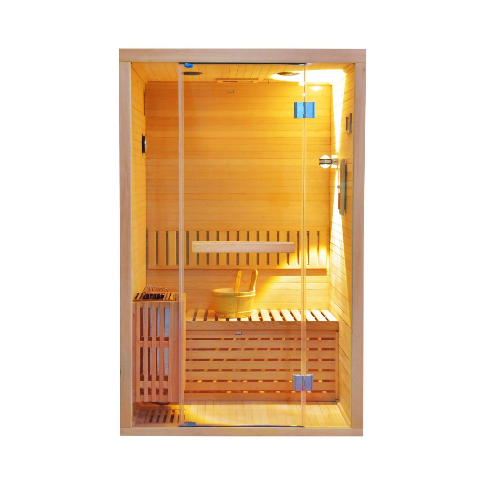 Front view of the Thermora Alpine two-person sauna with glass door