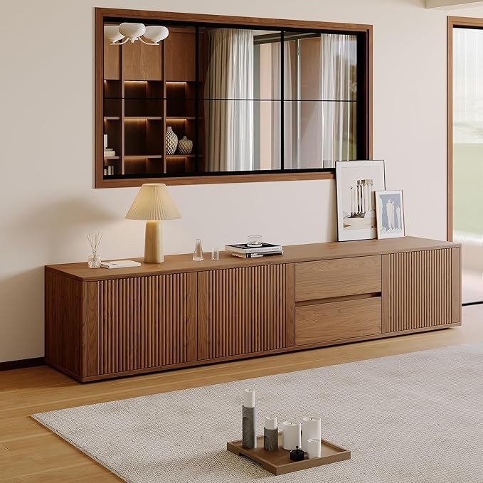 79" Mid-Century Modern TV Stand for Living Room, Farmhouse Entertainment Center with Storage & Drawers, Fluted Design Wood TV Console for Home Theater Office