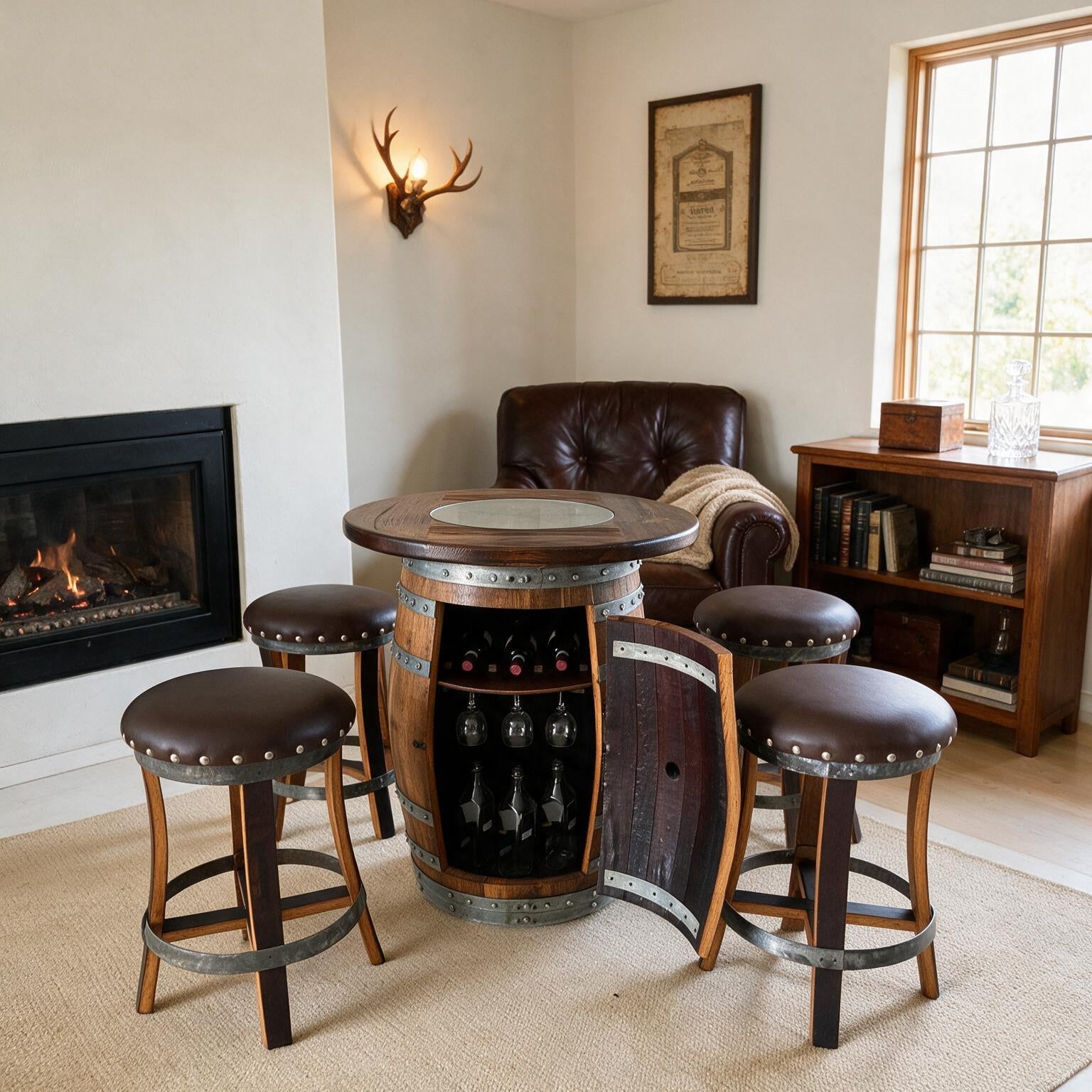 Multi-Use Whiskey & Wine Barrel Bar Set — Glass Top, Cabinet Storage Pub Set