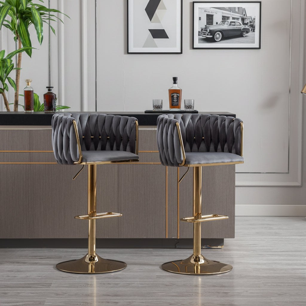 Set of 2 Bar Stools with Chrome Footrest and Base Swivel Height Velvet + Golden Leg Simple Bar Stool-Grey