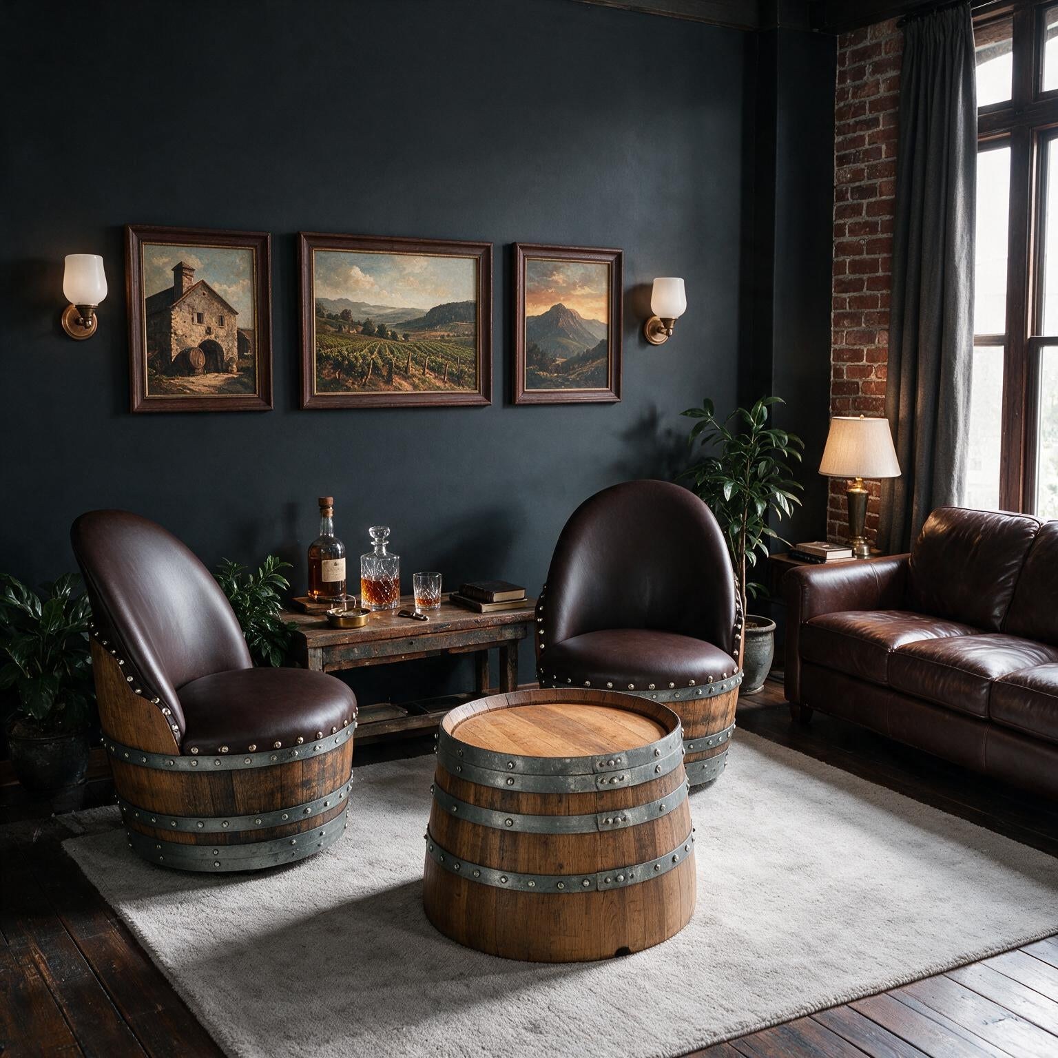 Whiskey & Wine Barrel Coffee Table Set — 2 Chairs Pub Set