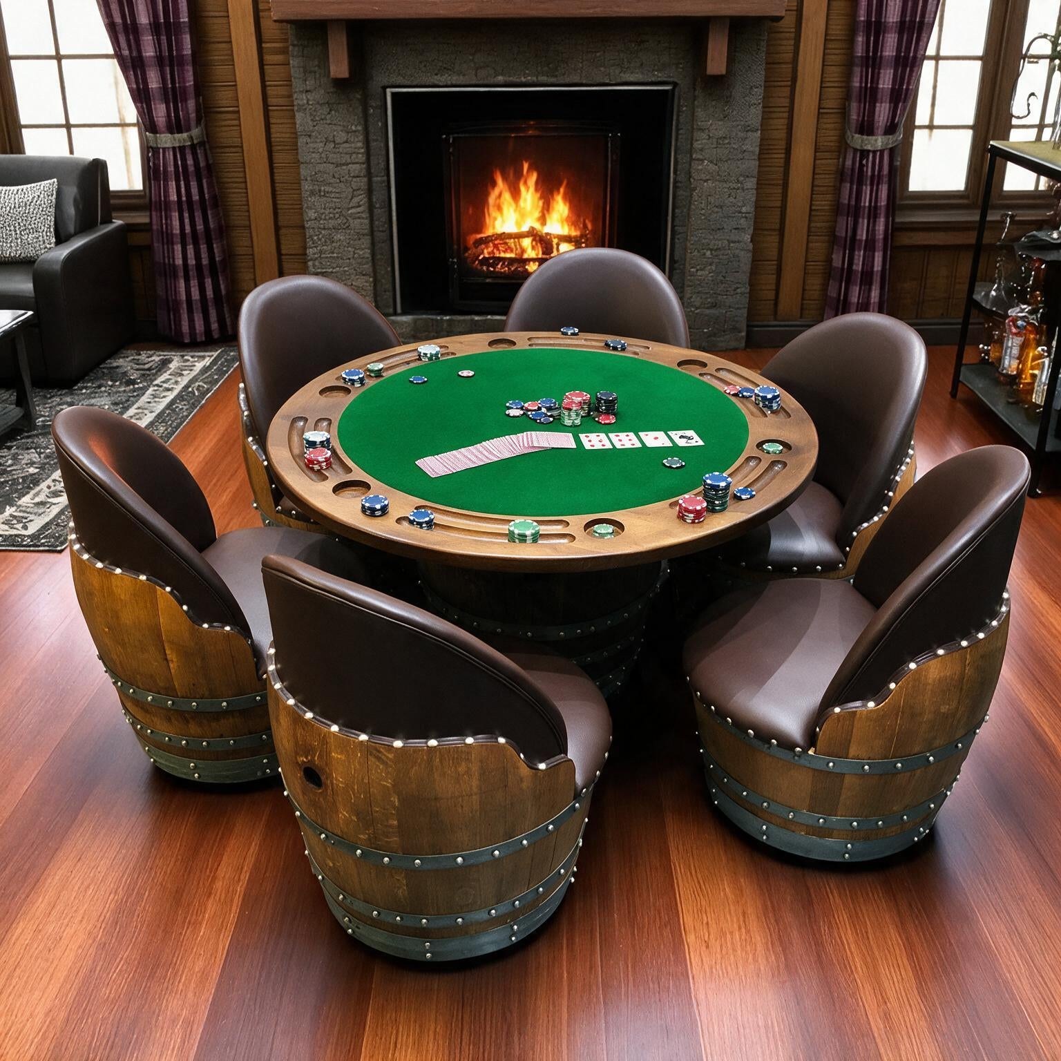 Whiskey & Wine Barrel Game Table Set — Poker Top and Dining Top Included, 6 Chairs