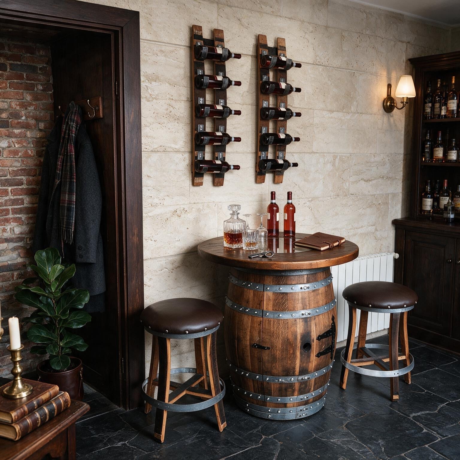 Whiskey & Wine Barrel Home Bar Set #1 — Bar Cabinet, Pub Table & Stools - Pub Set