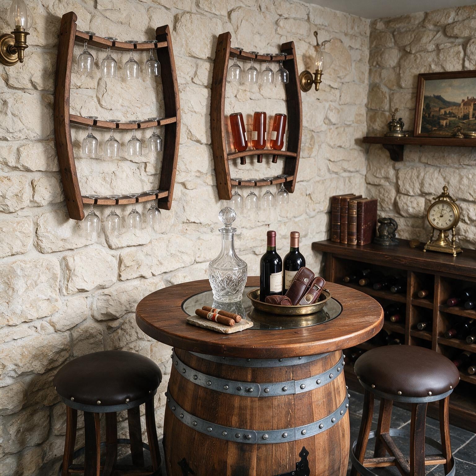 Whiskey & Wine Barrel Home Bar Set #2 — Bar Cabinet, Pub Table & Stools - Pub Set