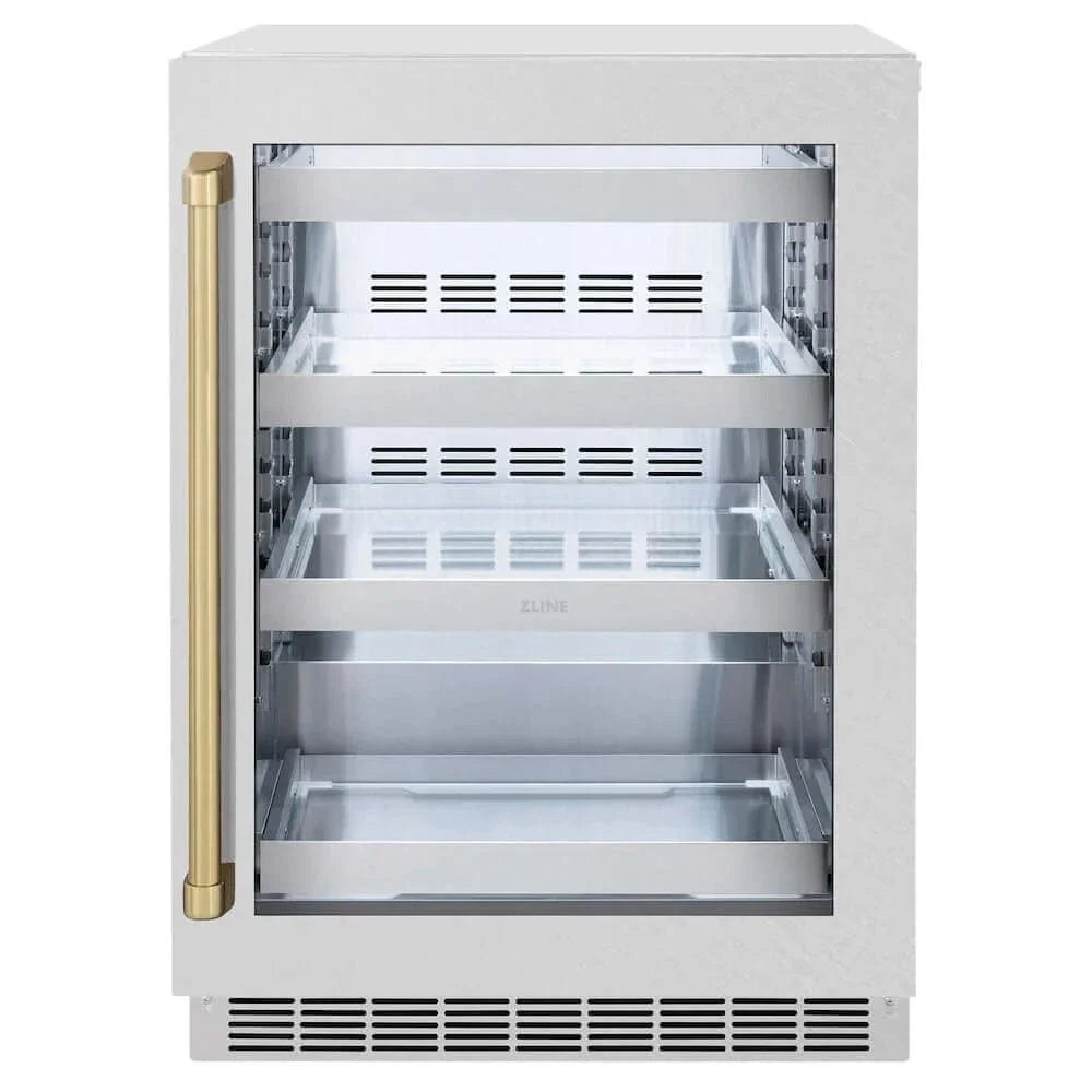 ZLINE 24" Touchstone 151 Can Beverage Fridge DuraSnow® Stainless Steel Glass Door And Champagne Bronze Handle RBSOZ-SN-24-CB