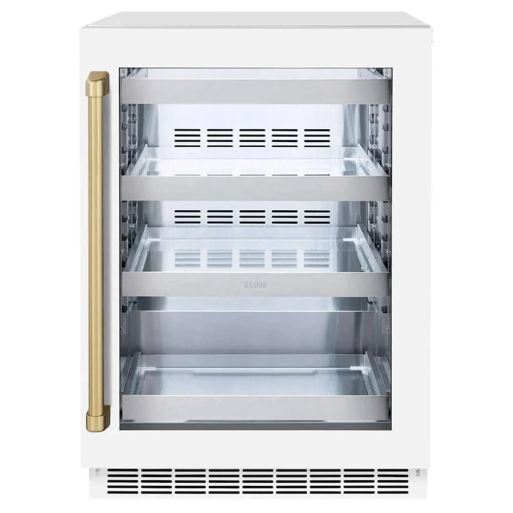 ZLINE 24" Touchstone 151 Can Beverage Fridge White Matte/Champagne Bronze Handle