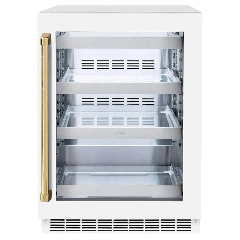 ZLINE 24" Touchstone 151 Can Beverage Fridge White Matte Glass Door Polished Gold Handle RBSOZ-WM-24-G