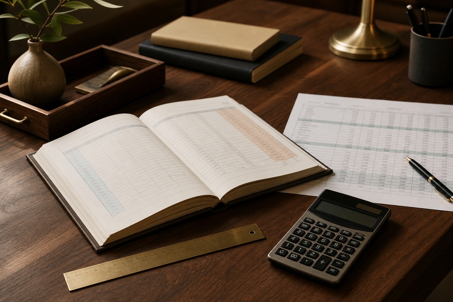 Annual planning ledger and forecast worksheet beside a calculator on a walnut desk