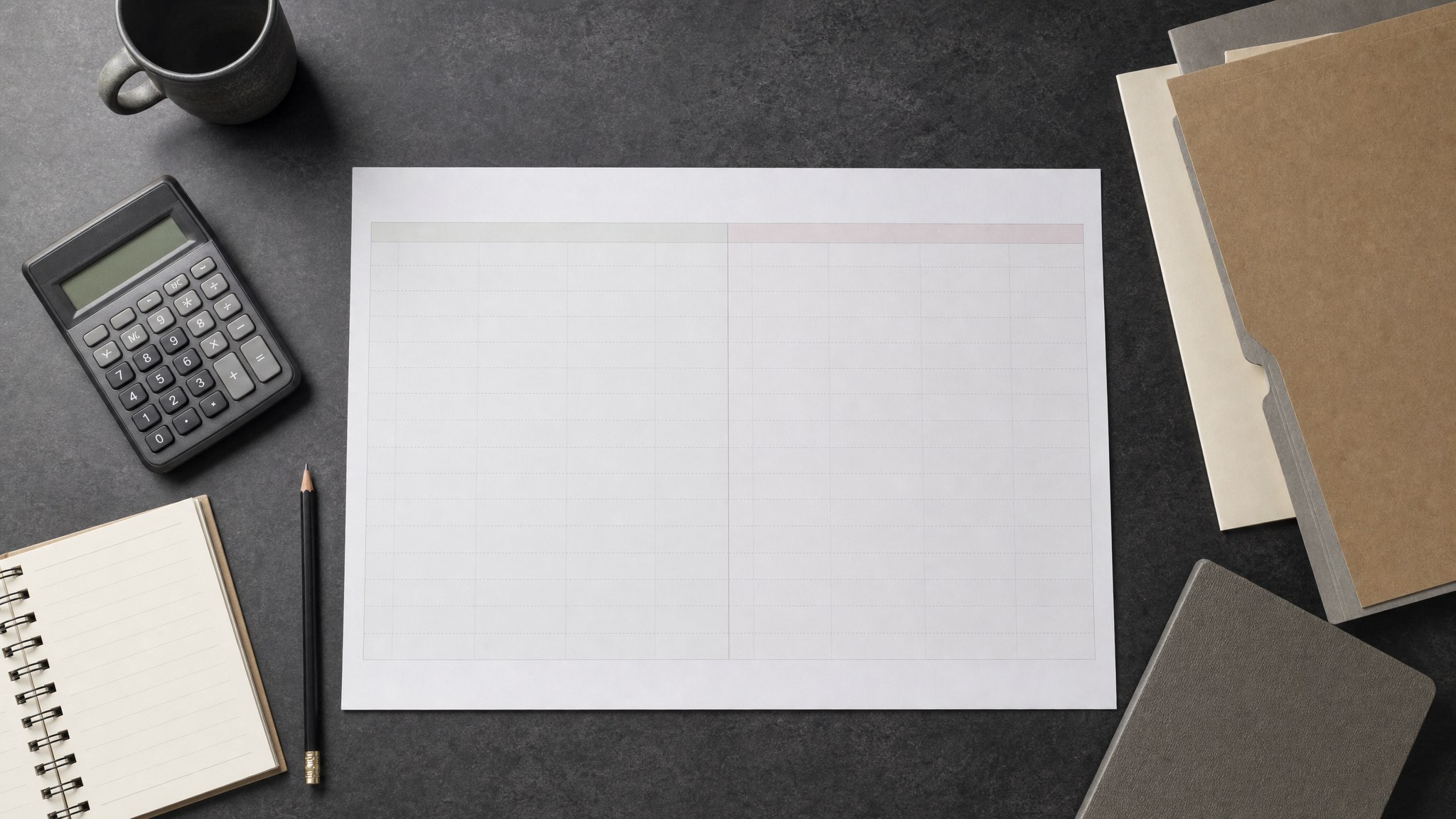 Blank cash flow planning sheet with calculator, notebook, and folders