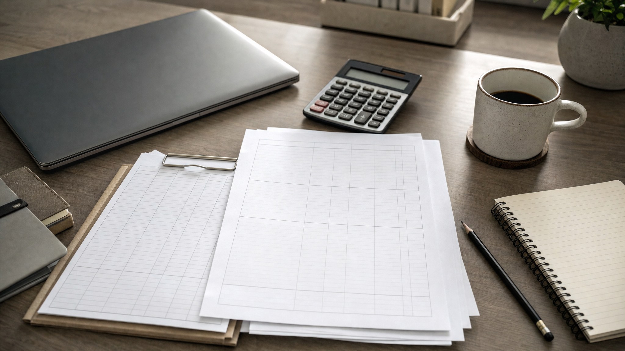 Financial planning papers, calculator, and notebook prepared for review