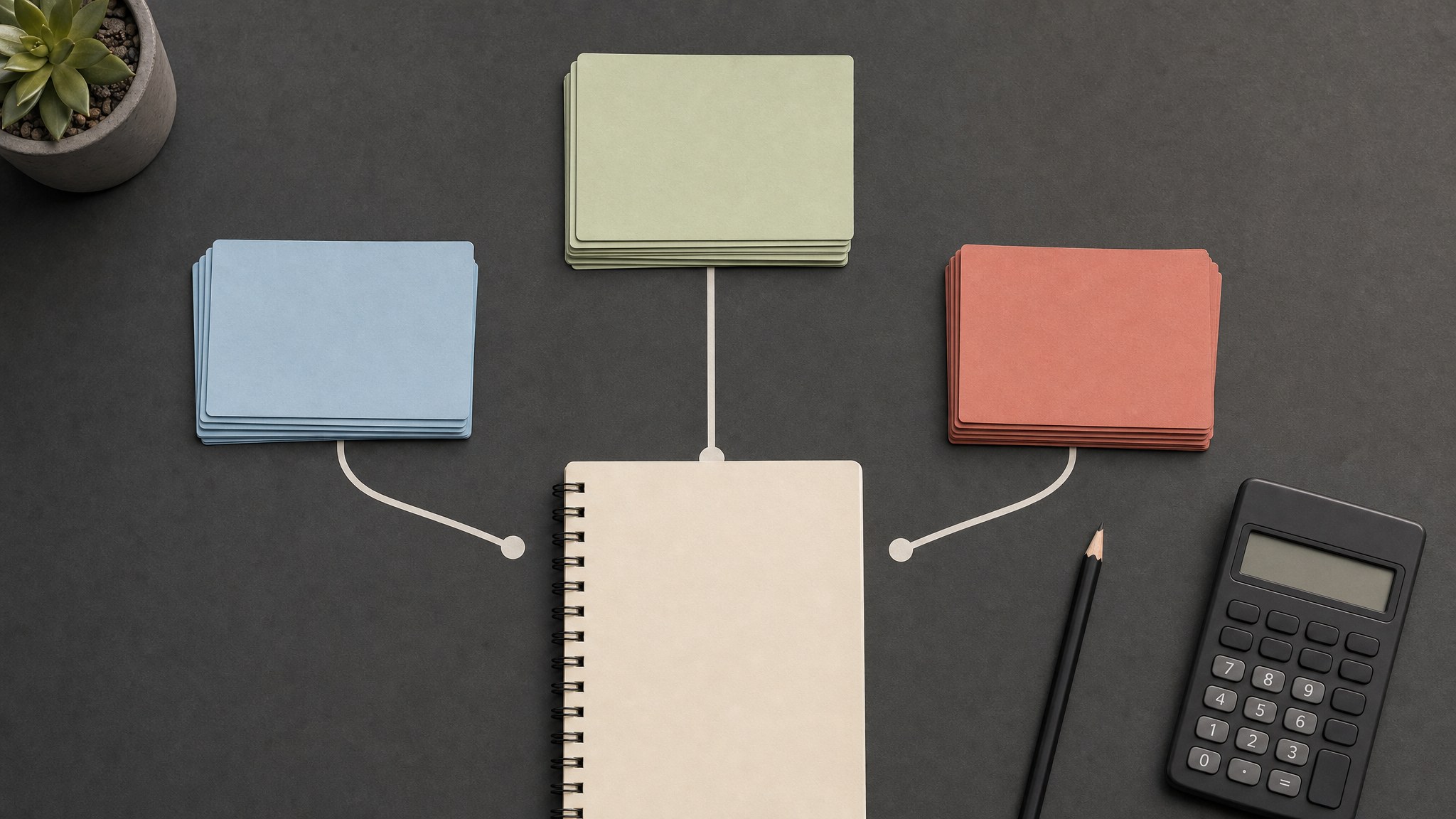 Three paths of blank planning cards connected to one notebook