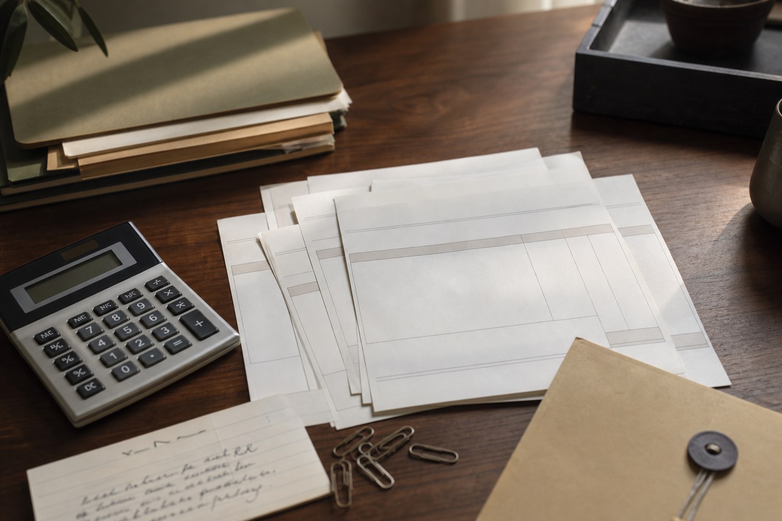 Invoices, calculator, envelope, and paper clips arranged for collections follow-up