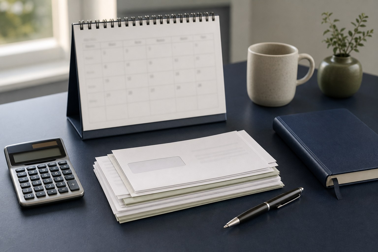 Desk calendar, calculator, bills, notebook, and pen prepared for cost planning