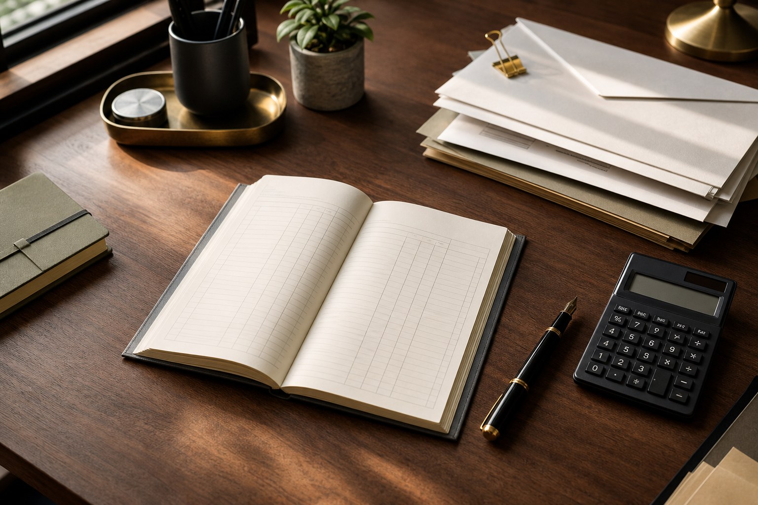Open cash planning ledger, calculator, pen, and invoices on a walnut desk