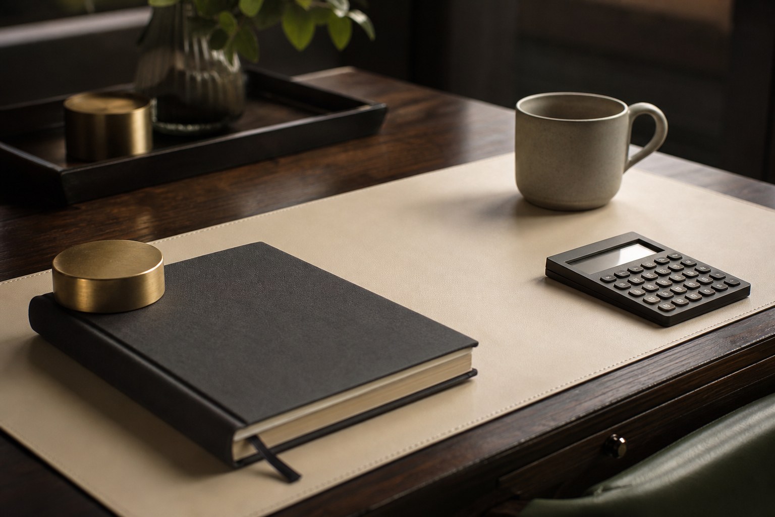 Notebook, calculator, desk pad, coffee cup, and brass paperweight prepared for a financial review