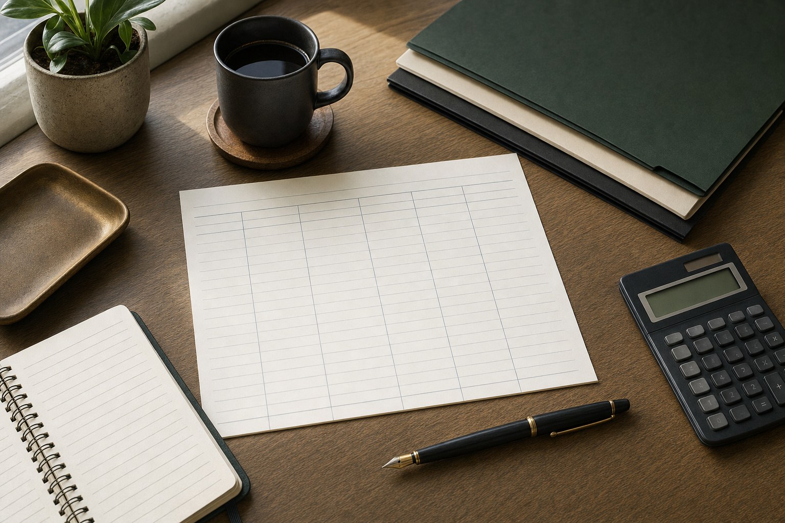 Blank cash planning worksheet, calculator, notebook, and folders on a desk