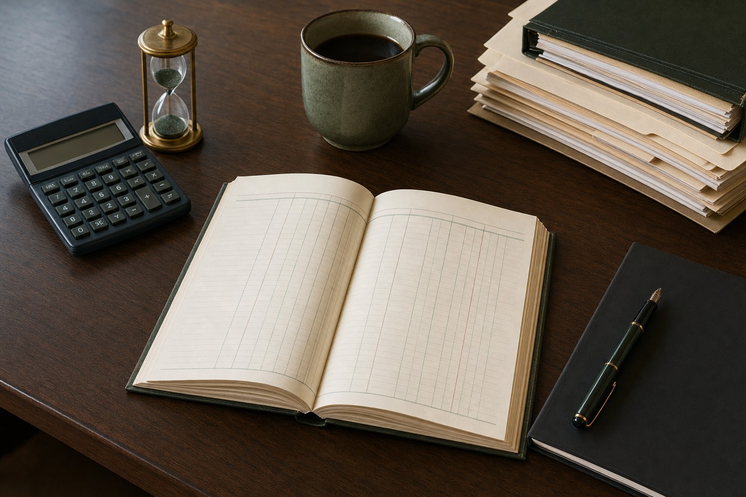 Open blank ledger, calculator, timer, and filed papers on a desk