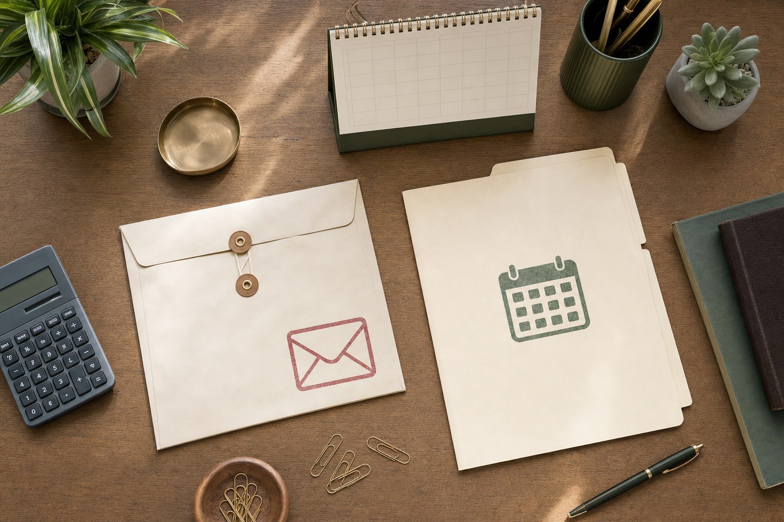 Invoice folder, calendar folder, calculator, and blank desk planner