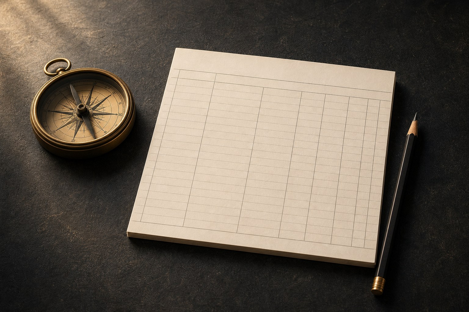Brass compass beside a blank financial ledger