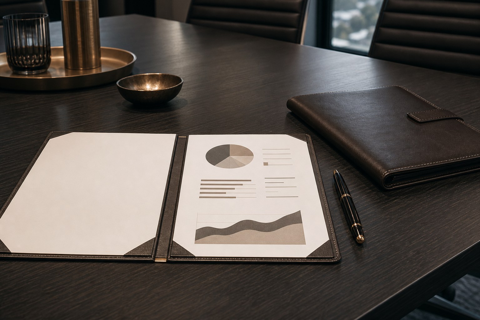 Board packet with abstract charts on a conference table
