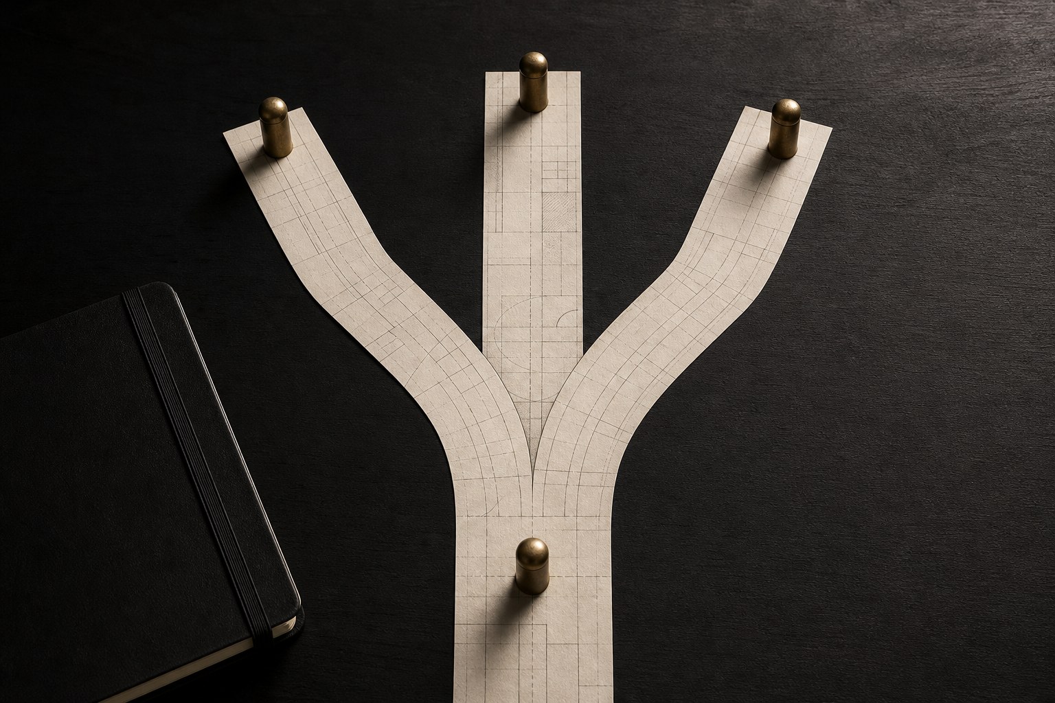Three paper paths branching from a single starting point