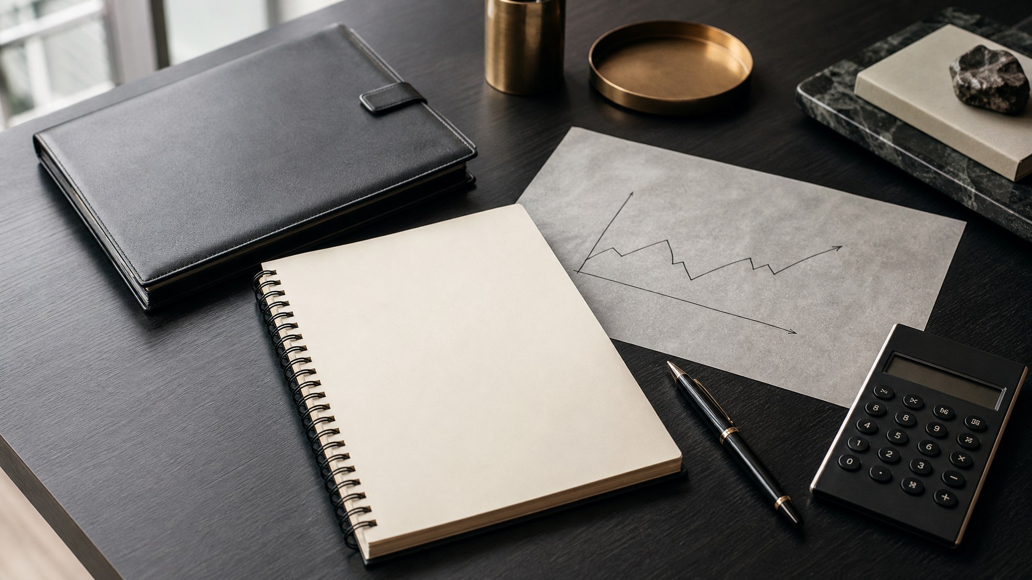 Financial workbook, calculator, and planning materials on a desk