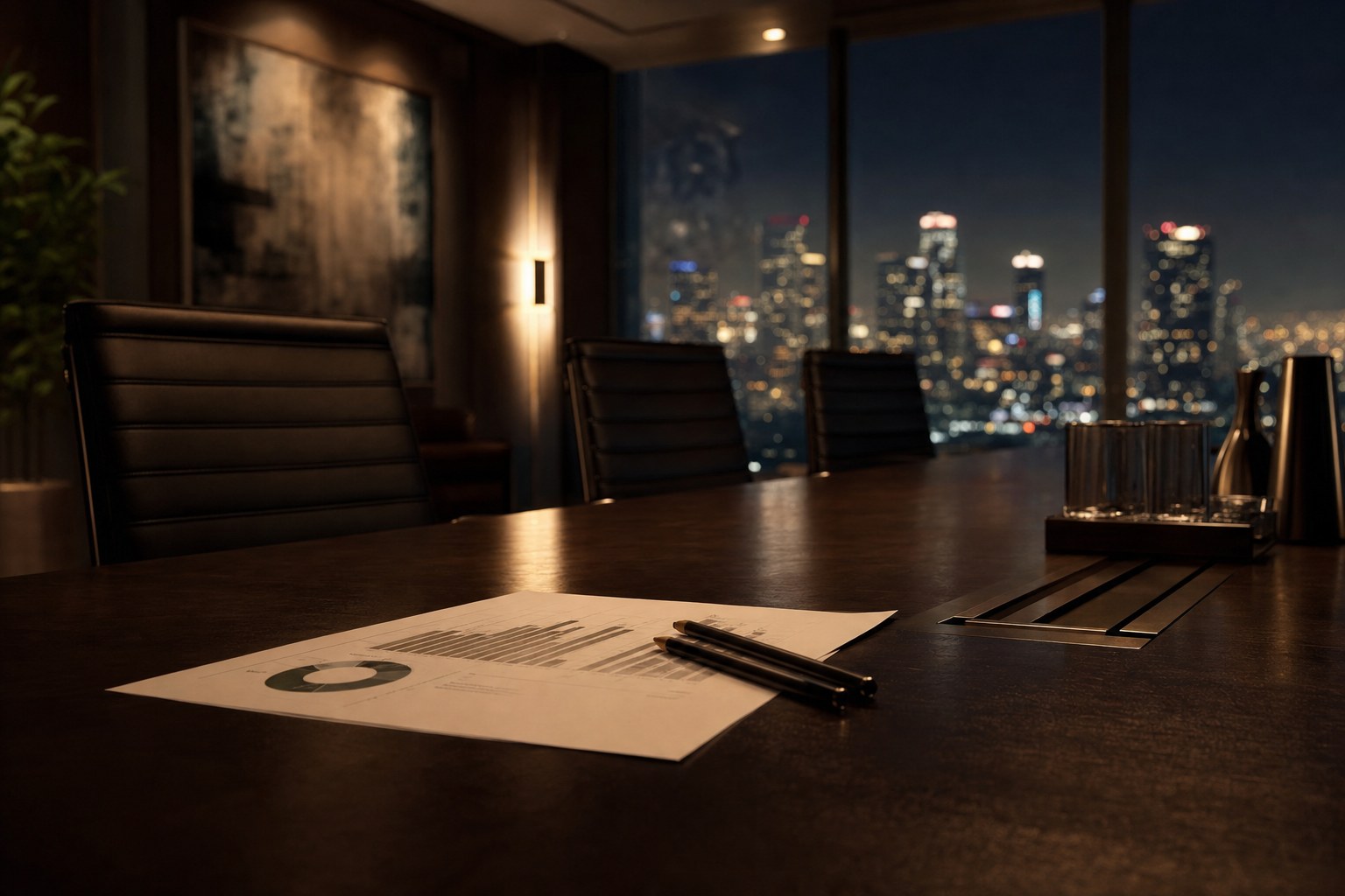 Forecast materials and pencils arranged on a boardroom table