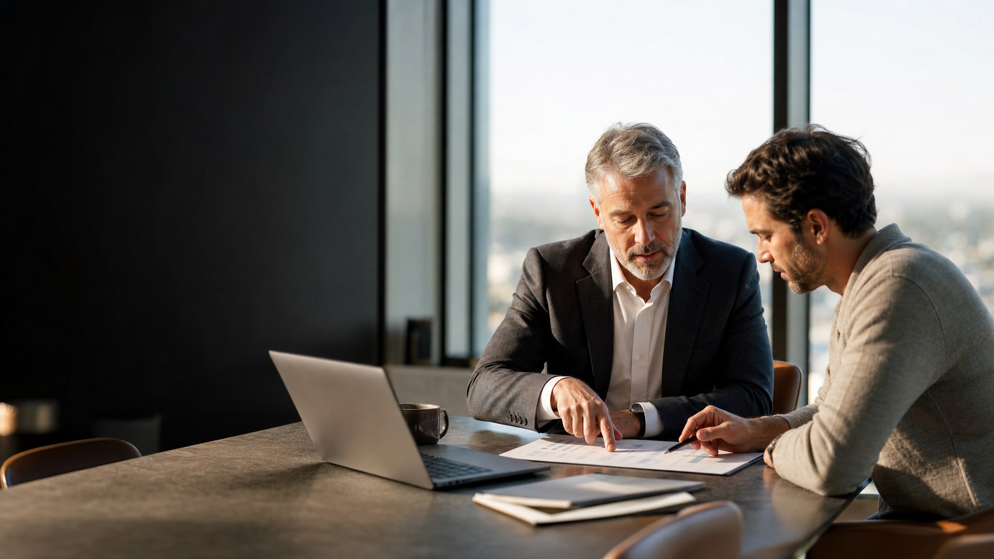 Financial advisor and business leader reviewing a cash forecast together