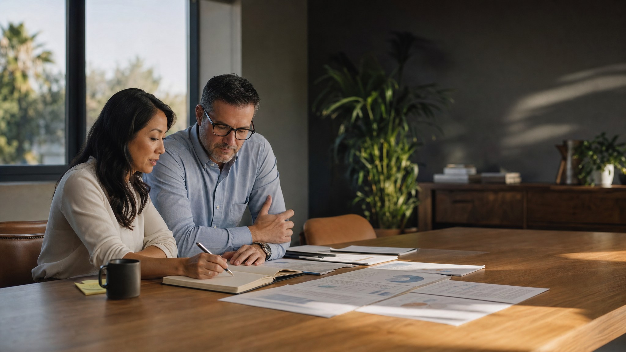 Two finance professionals reviewing forecast materials at a conference table