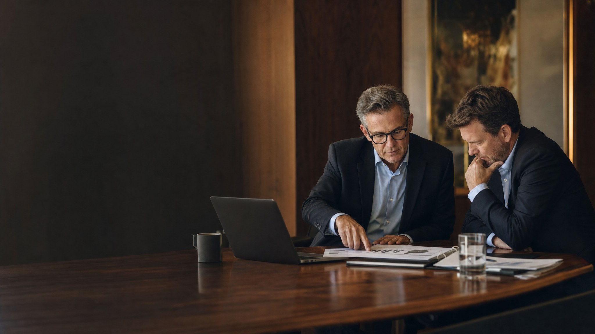 Two financial leaders reviewing reports during a leadership transition