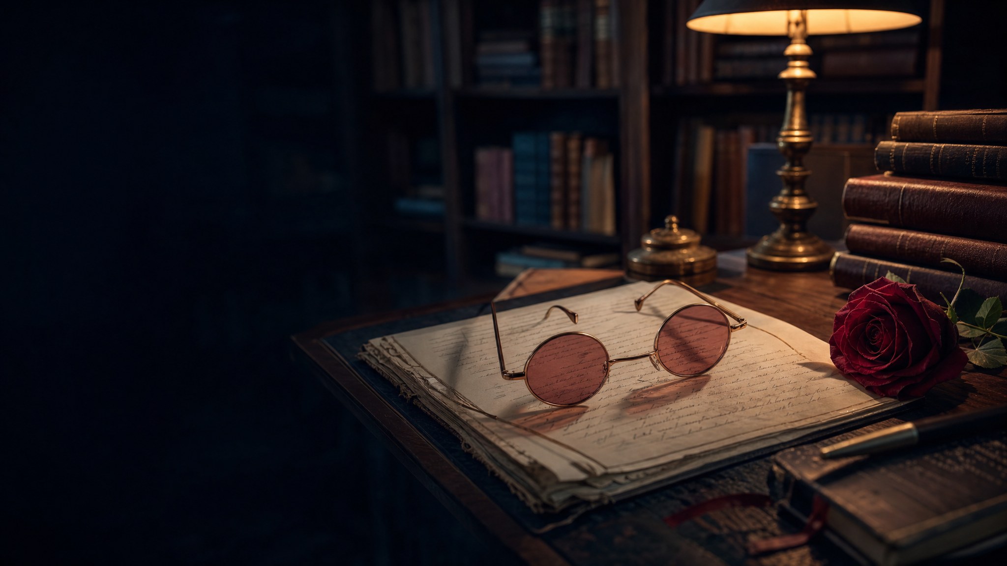 Rose-tinted glasses resting on a handwritten manuscript in a lamplit library