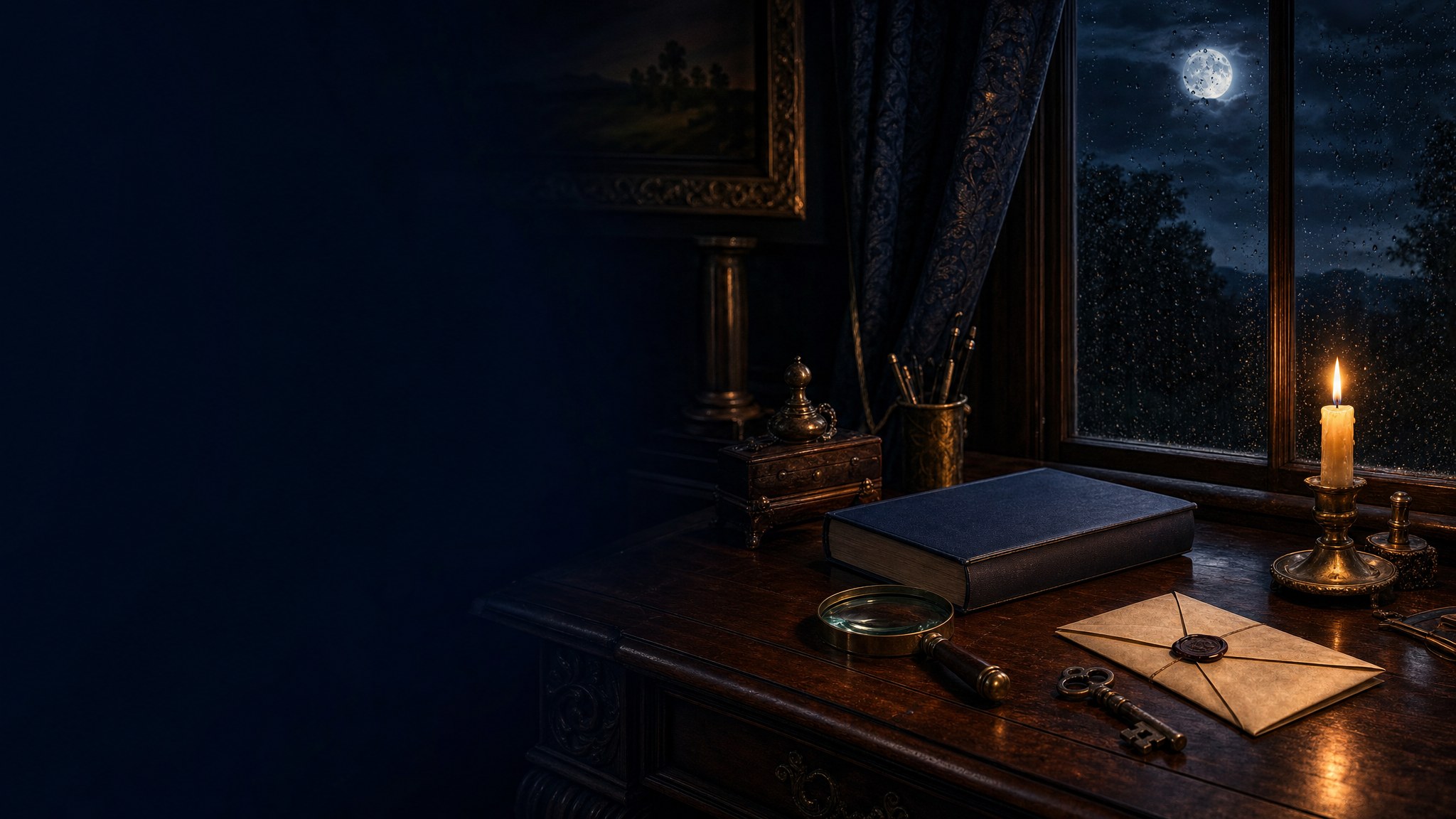 A moonlit writing desk with a magnifying glass, key, and sealed letter
