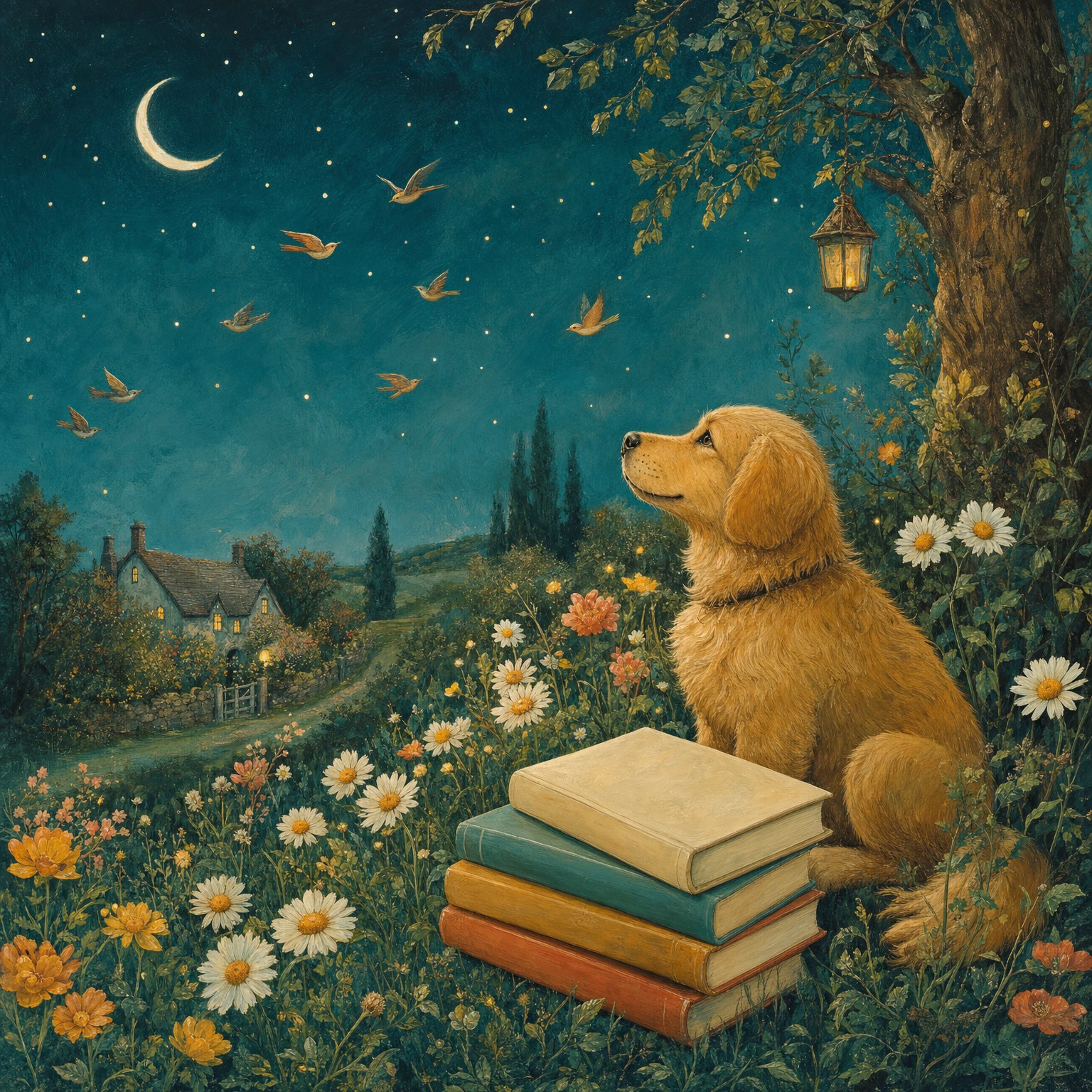 Illustrated golden dog beside a stack of books in a moonlit flower garden