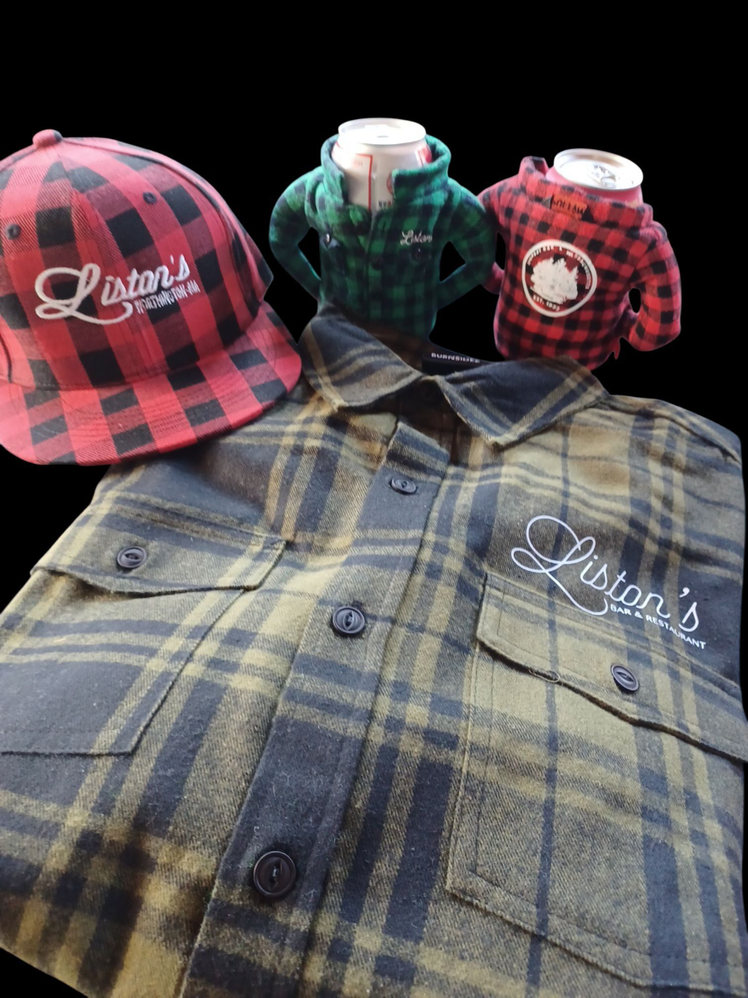 Liston’s branded apparel and koozies