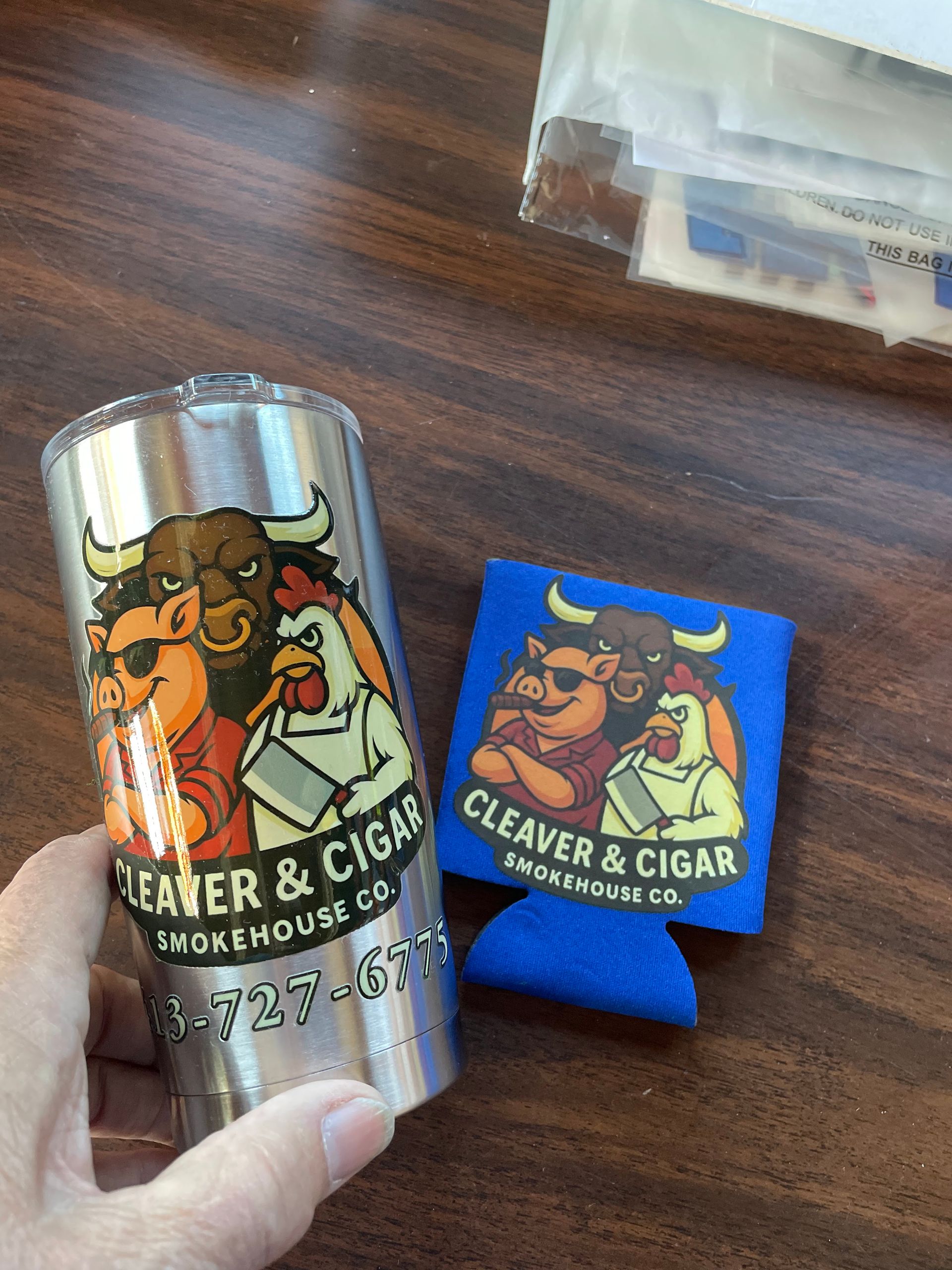 Cleaver & Cigar branded tumbler and koozie