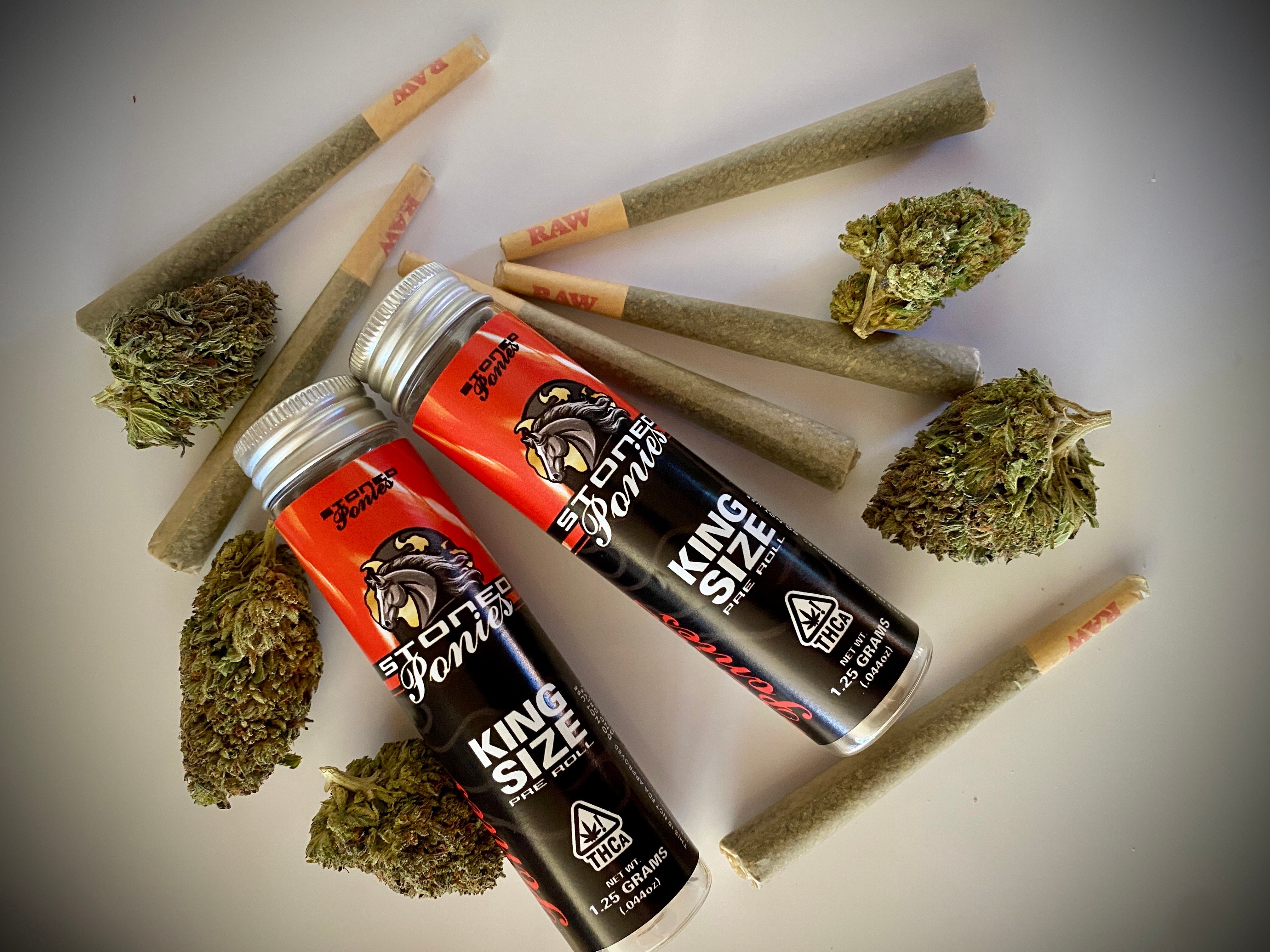 Stoned Ponies pre-roll product detail showing packaged flower format
