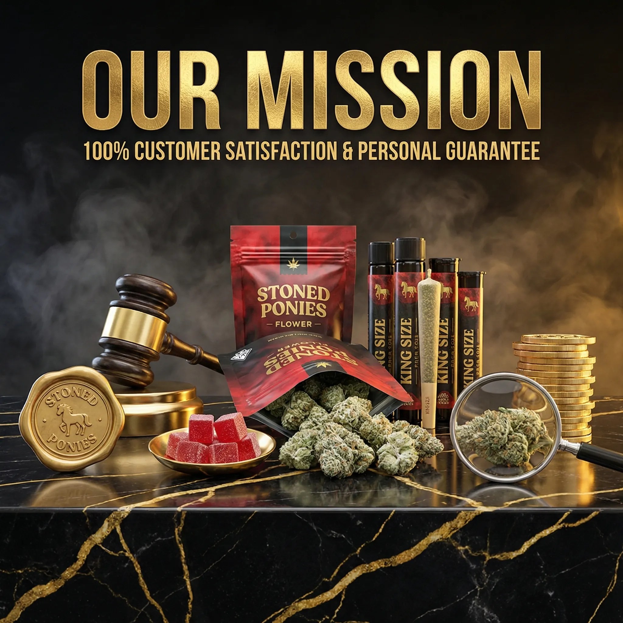 Our Mission graphic featuring Stoned Ponies flower, pre-rolls, and gummies