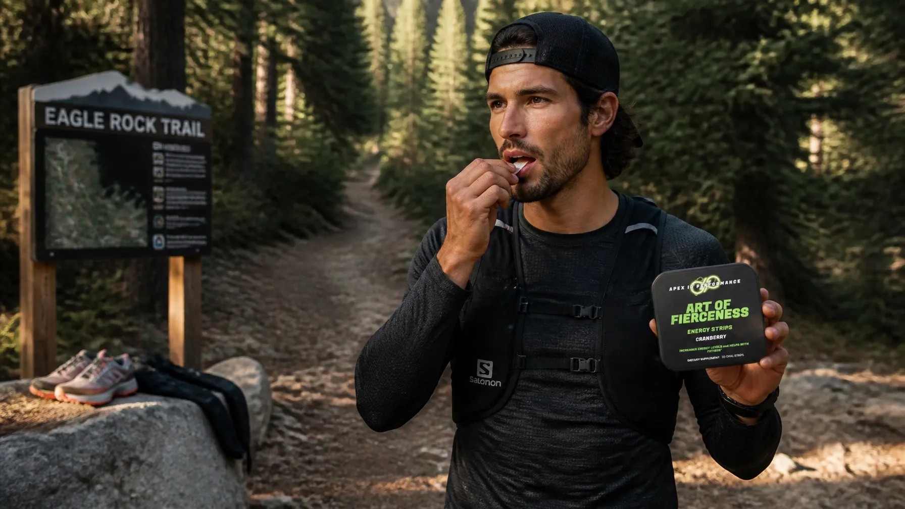 Hiker with Apex Art of Fierceness energy strips at a trailhead