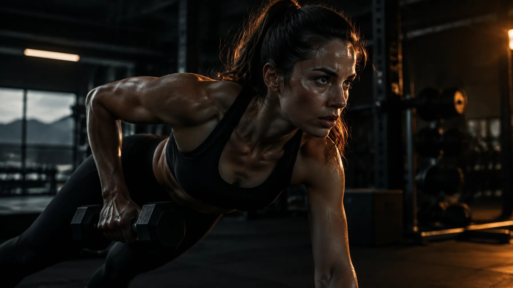 Athlete strength training in a dark performance space