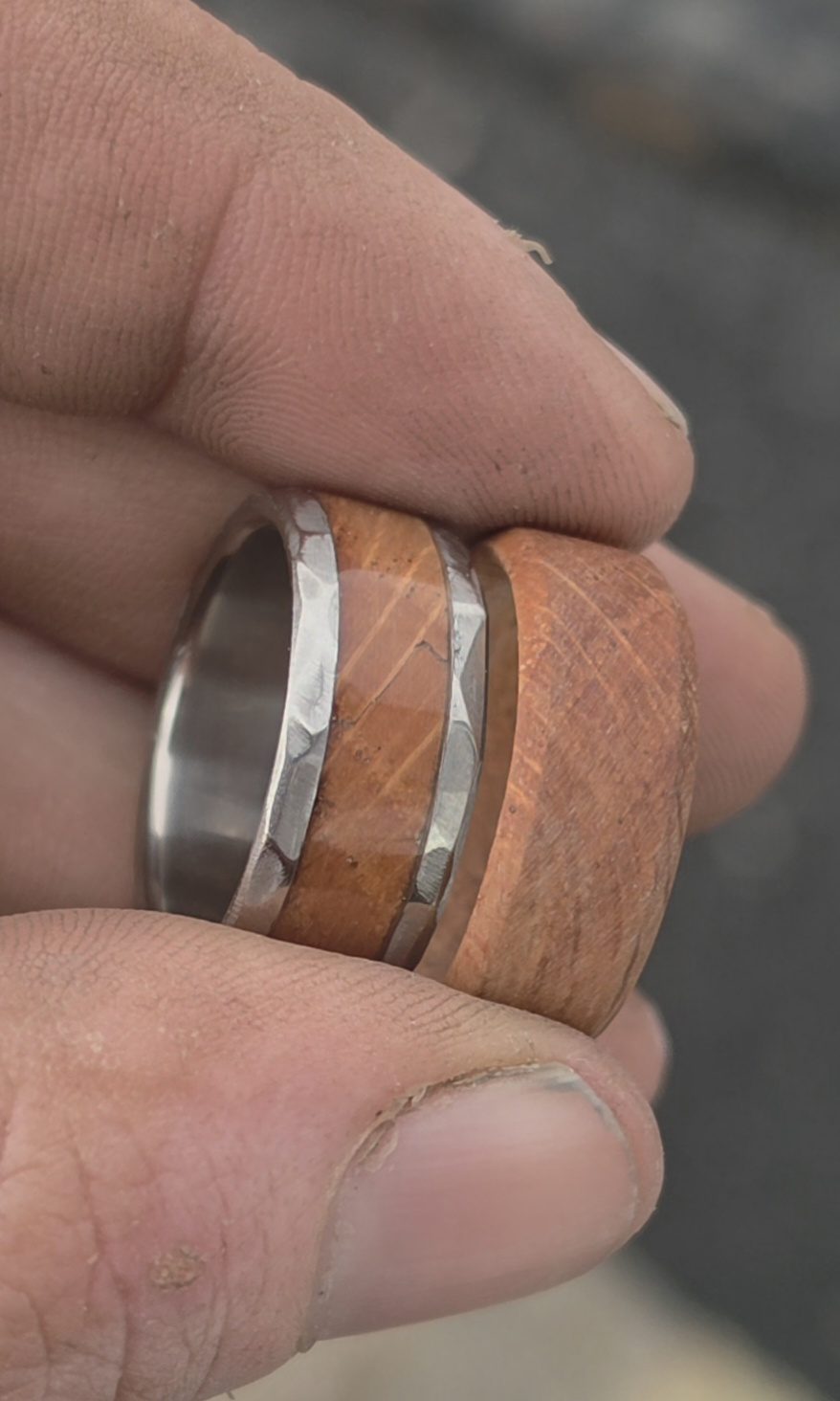 The two red oak rings held together in the workshop