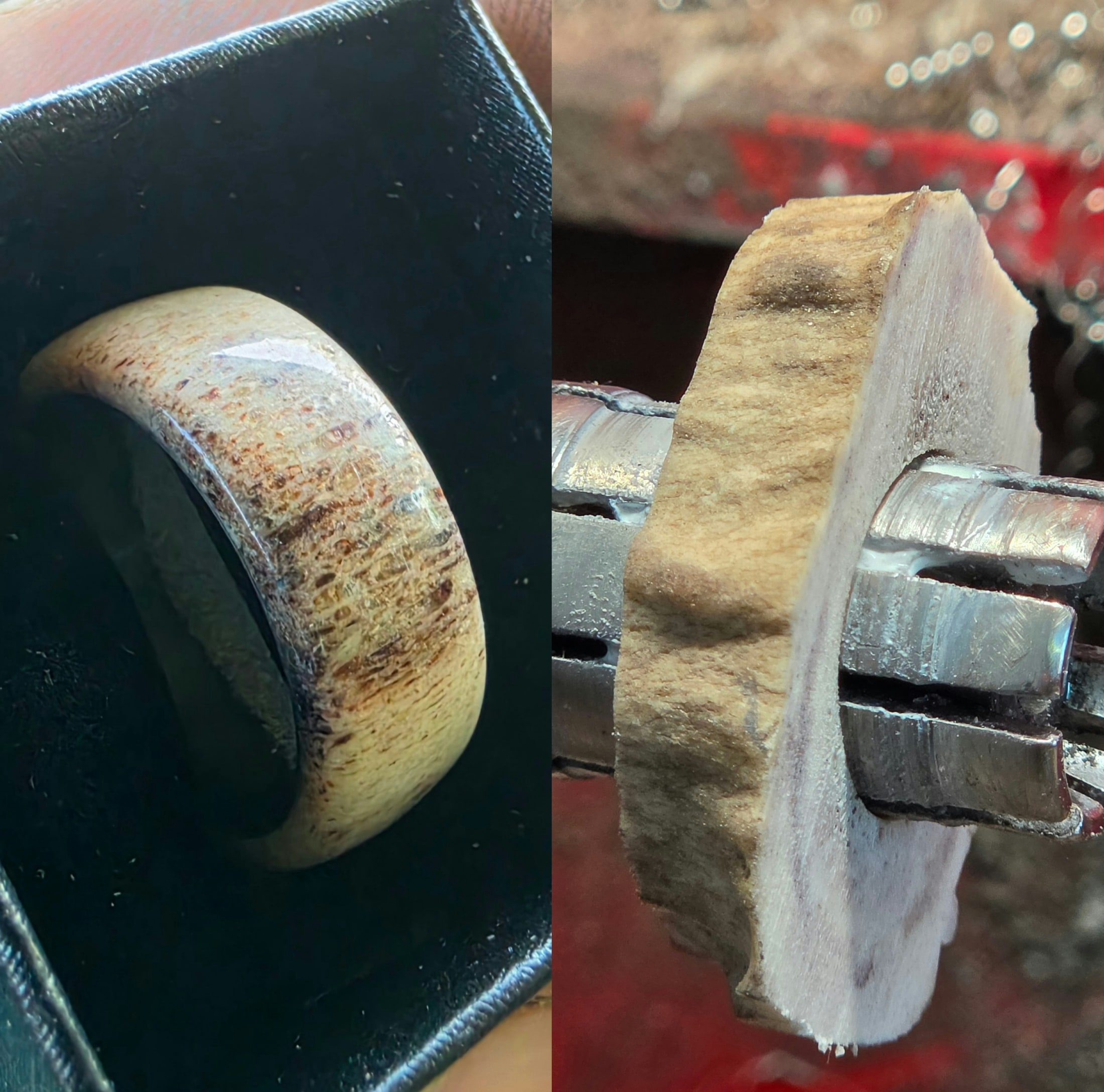 A handmade antler ring being shaped and finished in the workshop