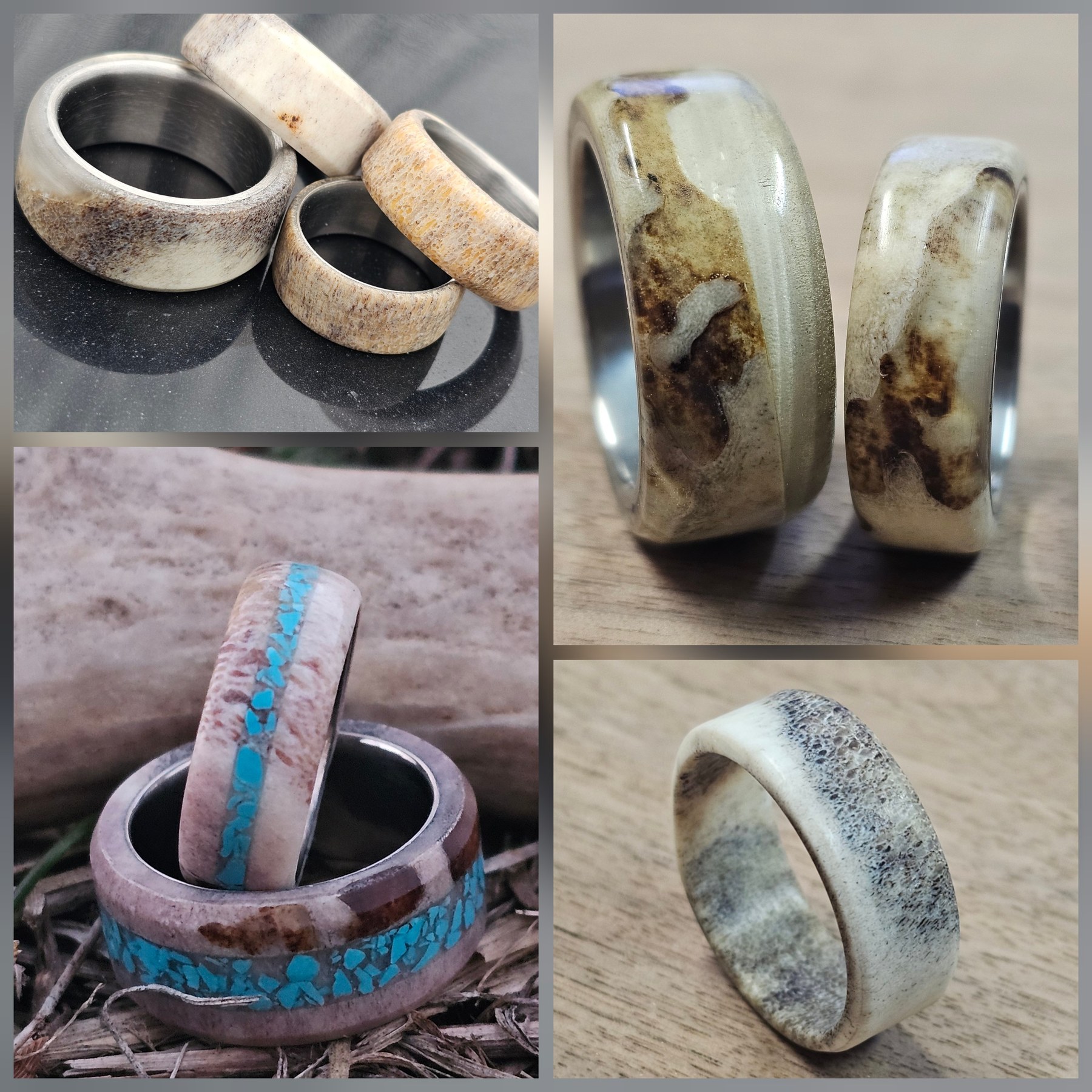 Handmade rings featuring antler and turquoise inlay details