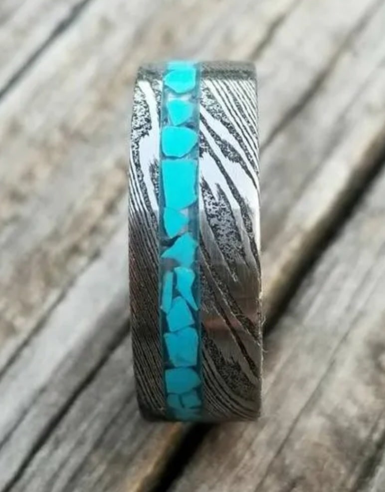 Stainless Damascus wedding ring with turquoise inlay