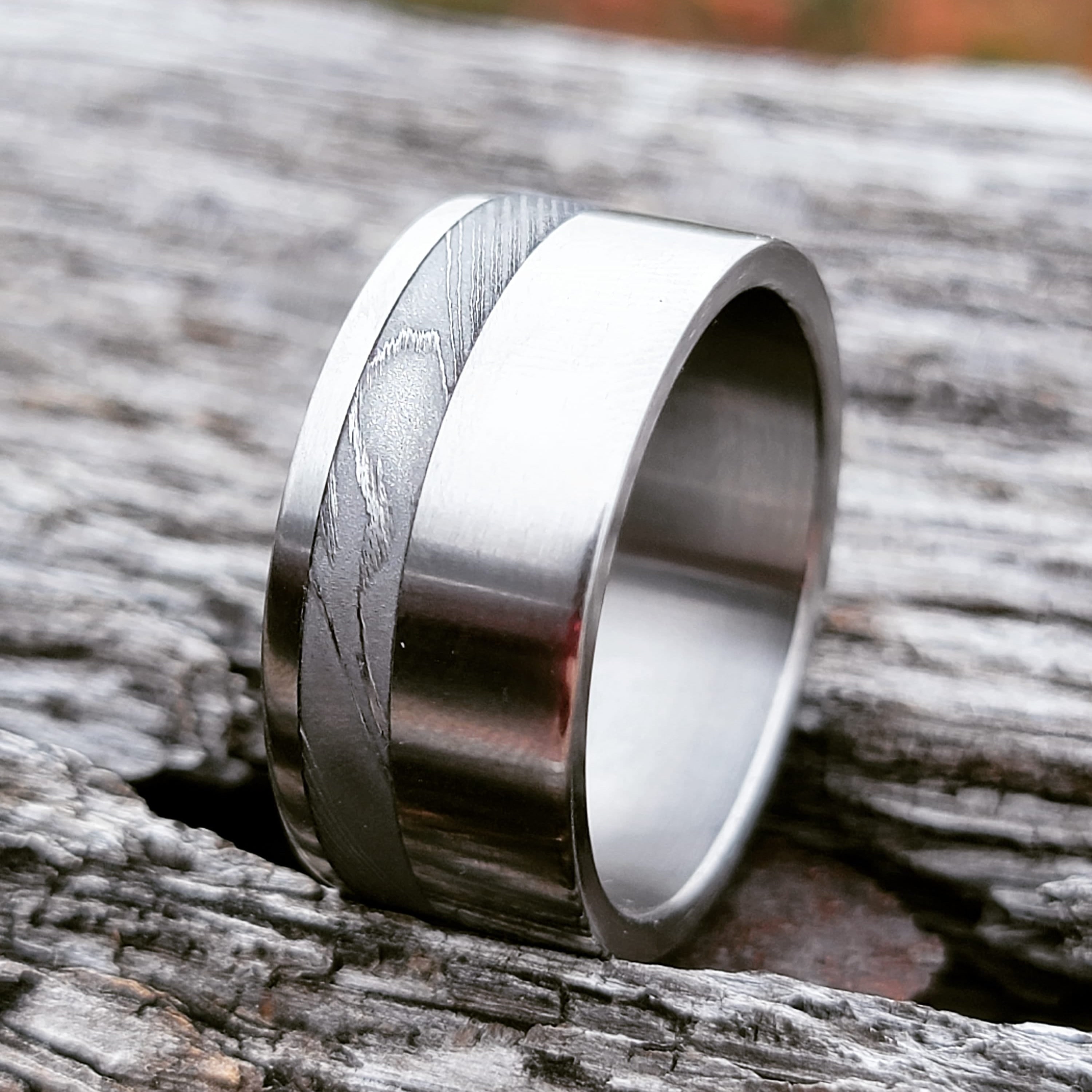 Handmade stainless Damascus and titanium wedding band