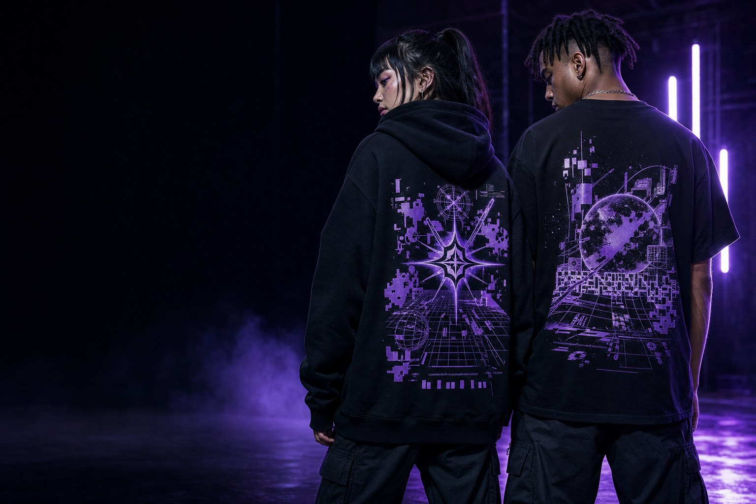 Two models wearing black gaming-inspired XPThreads streetwear