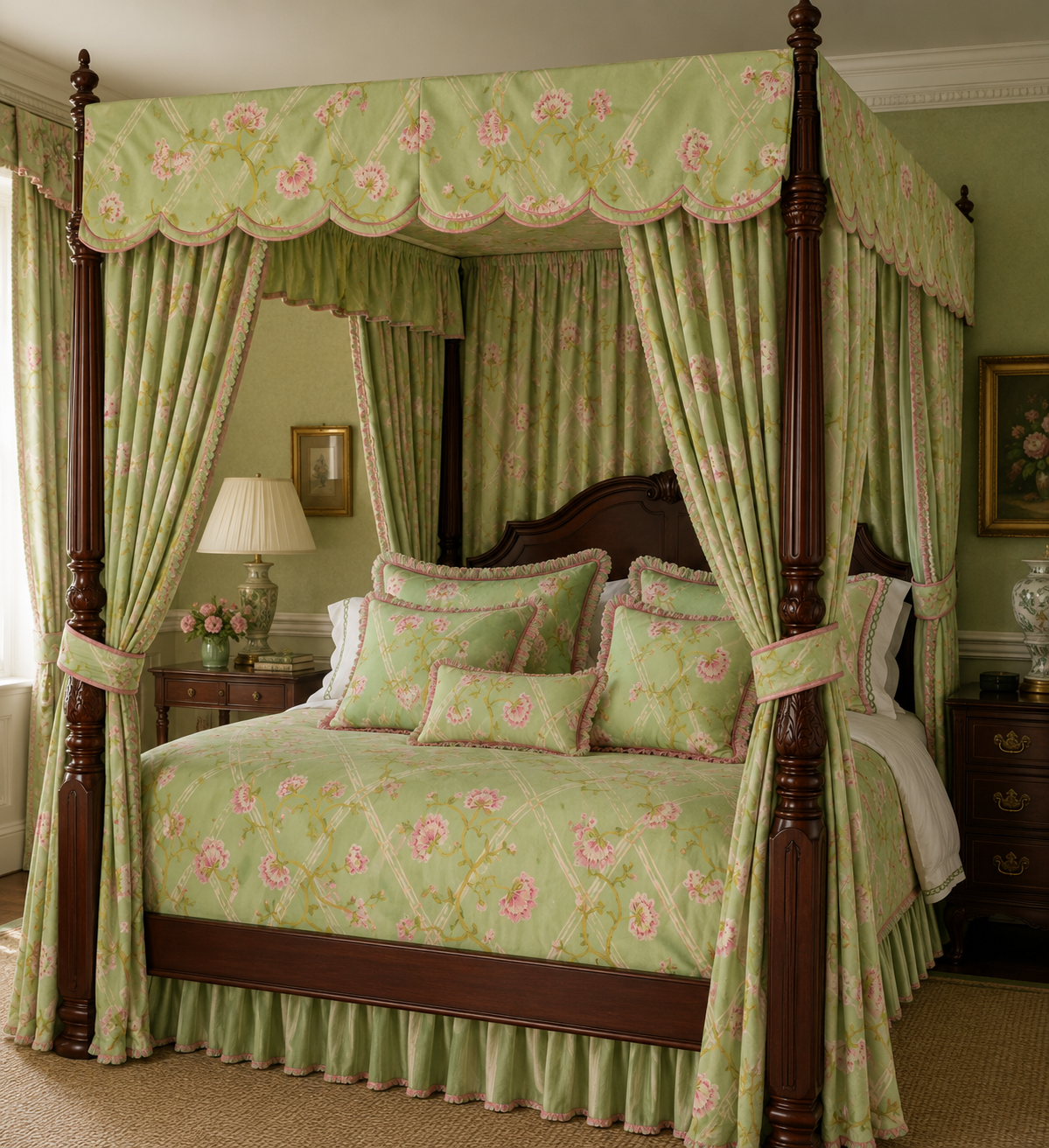 Green floral canopy bed with matching bedding